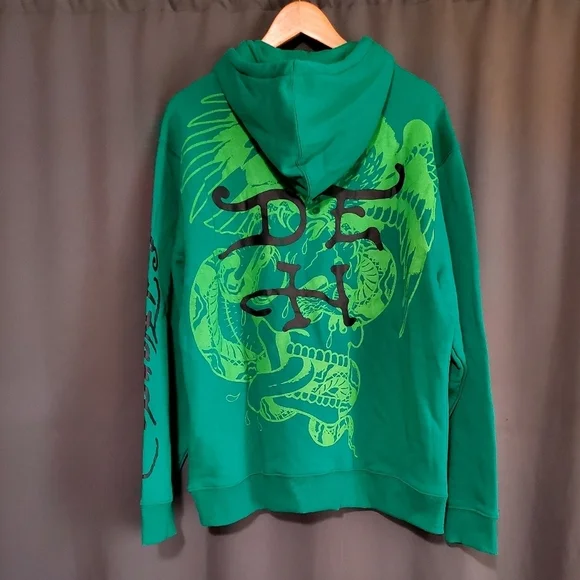 Ed Hardy Green New York City Snake Poker Graphic Hoodie Size XL NWT - Picture 2 of 9